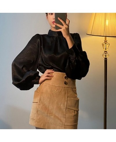 Satin Blouse Long Lantern Sleeve Office Chic Ladies Shirt White Korean Fashion Clothing Black Spring Blouses Women Top Chemis...