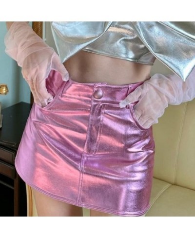 Spring Summer Fashion Shiny Metallic High Waisted Bodycon Skirt Casual All-match Pink Silver Slight Stretch Mini Skirts Y2K $...