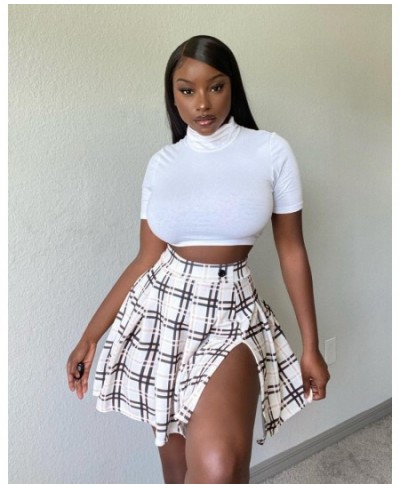 Summer Ladies Plaid Skirt Sexy Nightclub Plaid High Waist Split Mini Skirt with Buckle Irregular Retro Print Short Skirt $29....