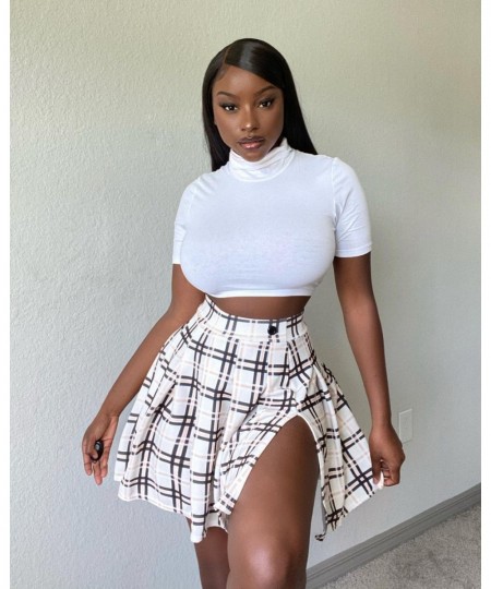 Summer Ladies Plaid Skirt Sexy Nightclub Plaid High Waist Split Mini Skirt with Buckle Irregular Retro Print Short Skirt $29....