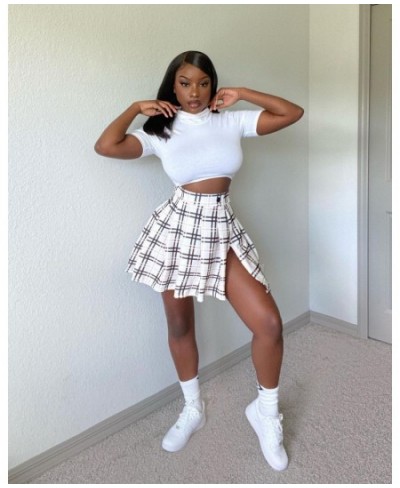 Summer Ladies Plaid Skirt Sexy Nightclub Plaid High Waist Split Mini Skirt with Buckle Irregular Retro Print Short Skirt $29....