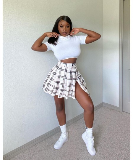 Summer Ladies Plaid Skirt Sexy Nightclub Plaid High Waist Split Mini Skirt with Buckle Irregular Retro Print Short Skirt $29....