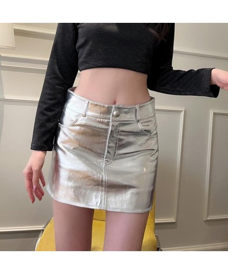 Spring Summer Fashion Shiny Metallic High Waisted Bodycon Skirt Casual All-match Pink Silver Slight Stretch Mini Skirts Y2K $...