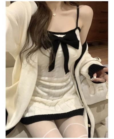 Two Piece Set Elegant Long Knitted Cardigan Women Cute Bow Designer Female Korean Fashion Winter 2022 Sweet Party Dress Set $...