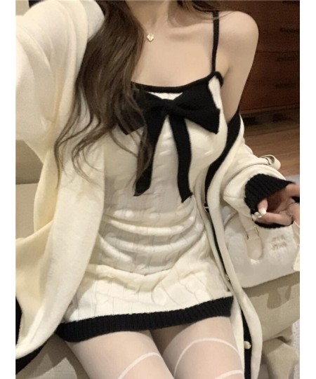 Two Piece Set Elegant Long Knitted Cardigan Women Cute Bow Designer Female Korean Fashion Winter 2022 Sweet Party Dress Set $...