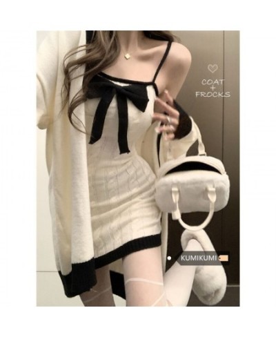 Two Piece Set Elegant Long Knitted Cardigan Women Cute Bow Designer Female Korean Fashion Winter 2022 Sweet Party Dress Set $...