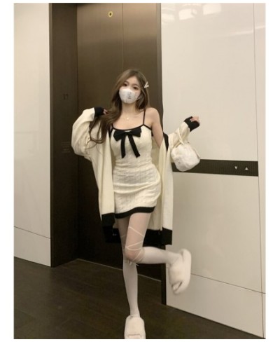 Two Piece Set Elegant Long Knitted Cardigan Women Cute Bow Designer Female Korean Fashion Winter 2022 Sweet Party Dress Set $...