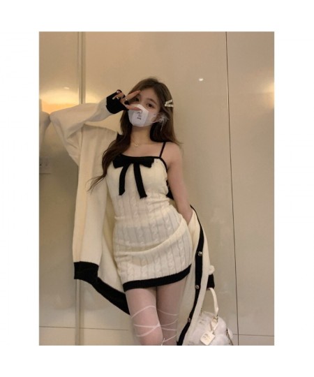 Two Piece Set Elegant Long Knitted Cardigan Women Cute Bow Designer Female Korean Fashion Winter 2022 Sweet Party Dress Set $...