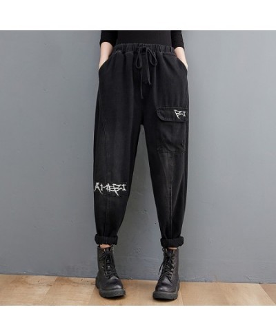 Women Harem Jeans Loose Elastic Waist Letter Embroidery Black Distressed All-Match Personality Streetwear Casual Denim Pants ...