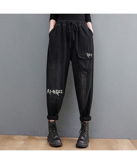 Women Harem Jeans Loose Elastic Waist Letter Embroidery Black Distressed All-Match Personality Streetwear Casual Denim Pants ...