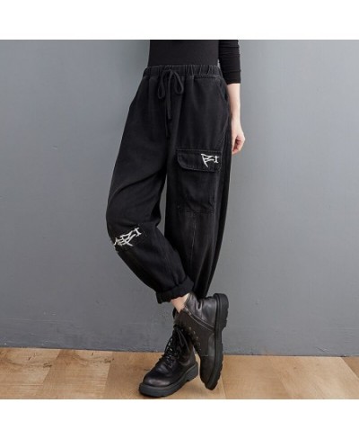 Women Harem Jeans Loose Elastic Waist Letter Embroidery Black Distressed All-Match Personality Streetwear Casual Denim Pants ...