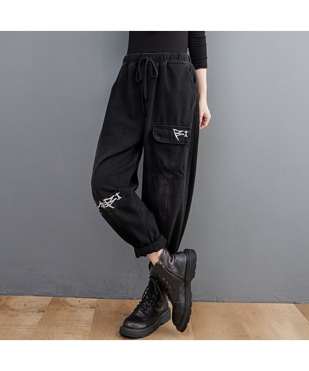 Women Harem Jeans Loose Elastic Waist Letter Embroidery Black Distressed All-Match Personality Streetwear Casual Denim Pants ...