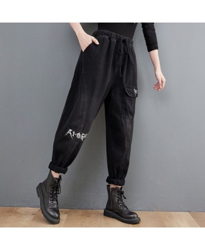 Women Harem Jeans Loose Elastic Waist Letter Embroidery Black Distressed All-Match Personality Streetwear Casual Denim Pants ...