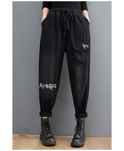 Women Harem Jeans Loose Elastic Waist Letter Embroidery Black Distressed All-Match Personality Streetwear Casual Denim Pants ...