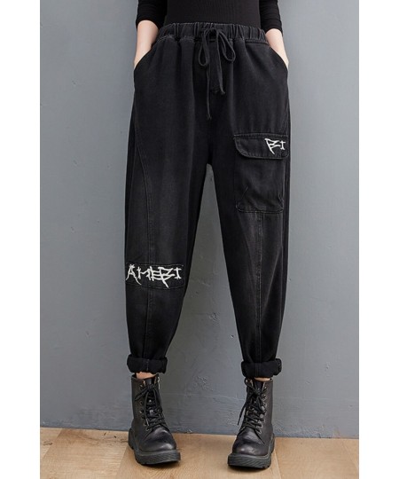 Women Harem Jeans Loose Elastic Waist Letter Embroidery Black Distressed All-Match Personality Streetwear Casual Denim Pants ...