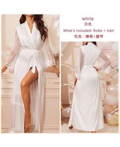 Women Lingerie Silk Pajamas White Bath Robe Satin Wedding Gowns Sexy Lace Dressing Long Sleeve Kimono Robes Woman Sleep Wear ...