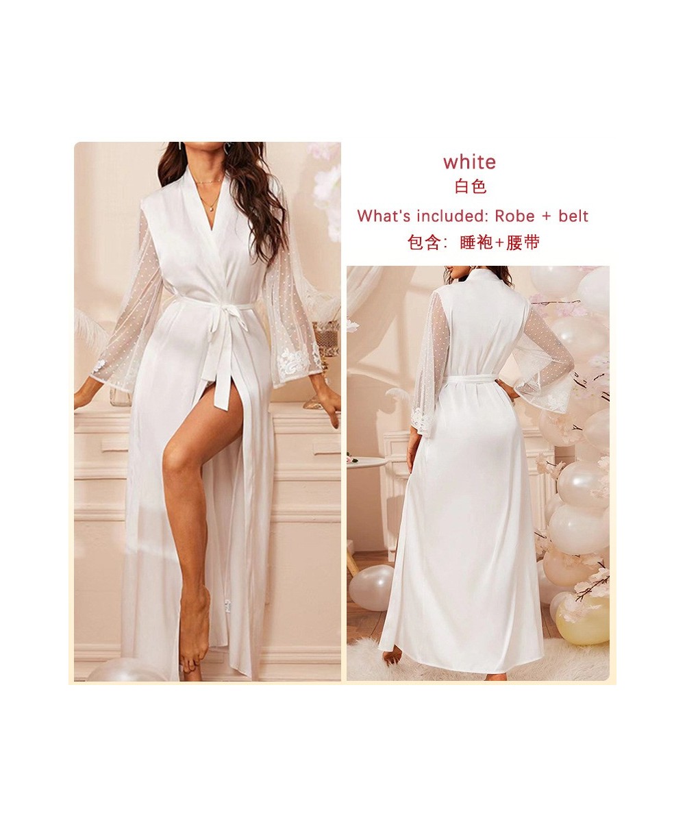 Women Lingerie Silk Pajamas White Bath Robe Satin Wedding Gowns Sexy Lace Dressing Long Sleeve Kimono Robes Woman Sleep Wear ...