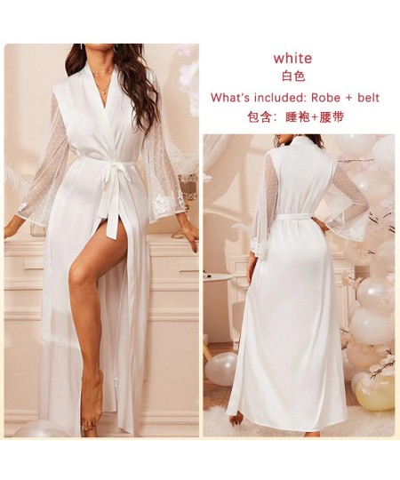 Women Lingerie Silk Pajamas White Bath Robe Satin Wedding Gowns Sexy Lace Dressing Long Sleeve Kimono Robes Woman Sleep Wear ...