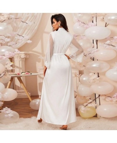 Women Lingerie Silk Pajamas White Bath Robe Satin Wedding Gowns Sexy Lace Dressing Long Sleeve Kimono Robes Woman Sleep Wear ...