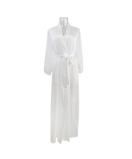 Women Lingerie Silk Pajamas White Bath Robe Satin Wedding Gowns Sexy Lace Dressing Long Sleeve Kimono Robes Woman Sleep Wear ...