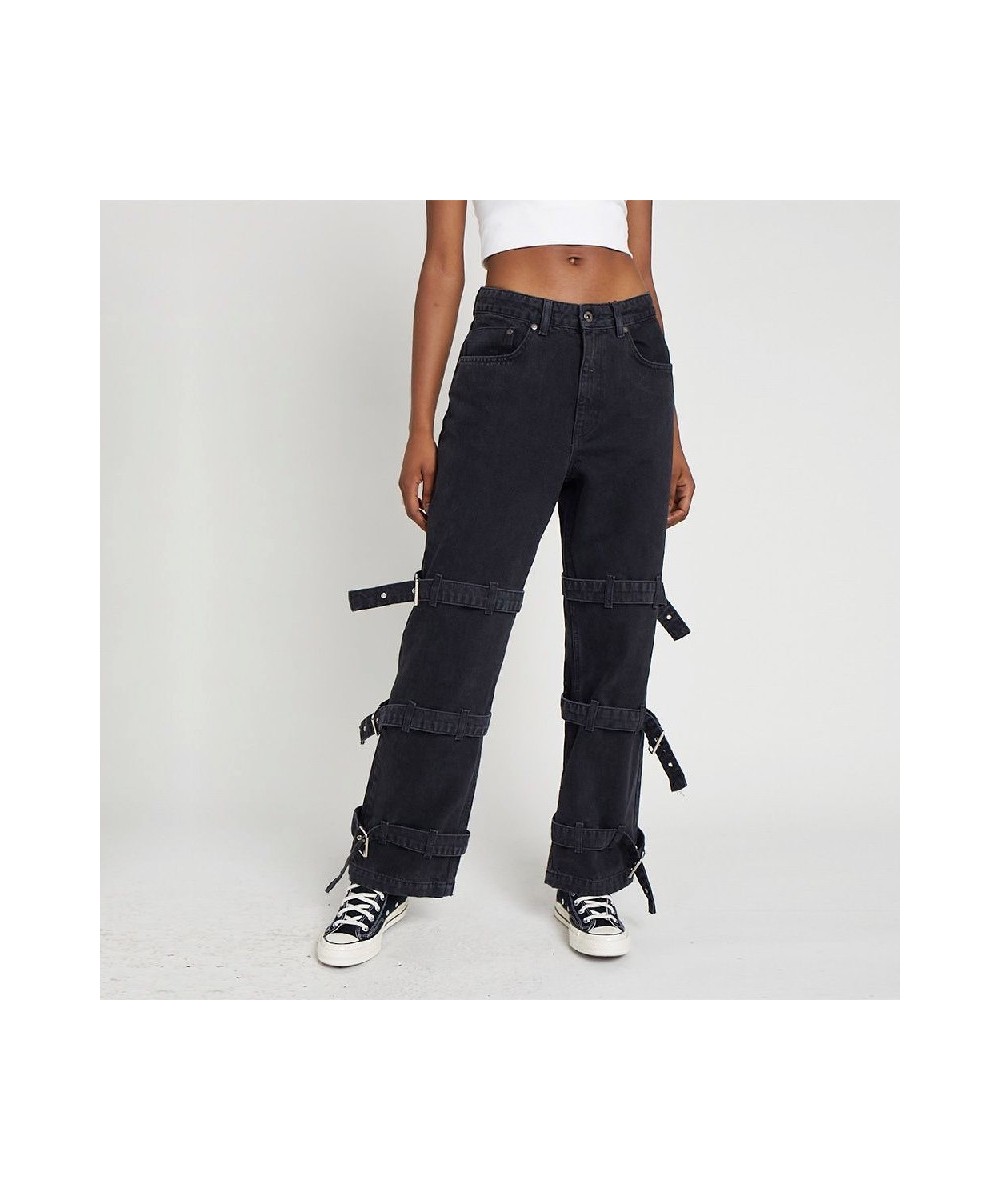 Men's and Women's Straight Jeans Hip-hop Loose Wide-legged Belt Buckle Joker Pants $59.24 - Jeans