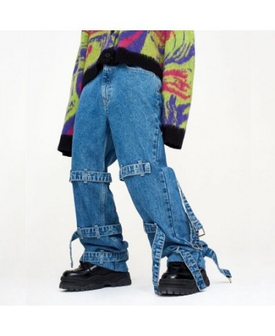 Men's and Women's Straight Jeans Hip-hop Loose Wide-legged Belt Buckle Joker Pants $59.24 - Jeans