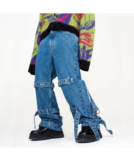 Men's and Women's Straight Jeans Hip-hop Loose Wide-legged Belt Buckle Joker Pants $59.24 - Jeans