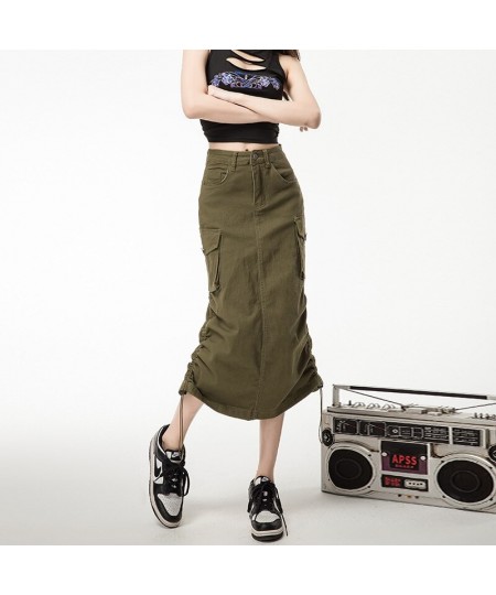 women's cargo skirts pleated fishtail skirt mid-length skirt high waist to show thin denim half skirt package hip long skirts...