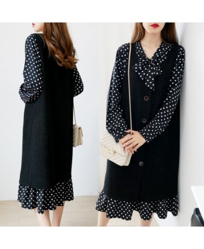 Autumn Winter Women Plus Size Women Clothing Sets Dot Loose Chiffon Long Sleeve Dress And Vest Two Piece Suits Black 3XL-8XL ...