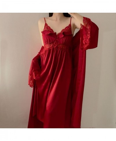 Twinset Robe Set Burgundy Sexy Lace Bathrobe Gown Suit Women Kimono Sleepwear Nightgown New Summer Casual Satin Home Dress $5...