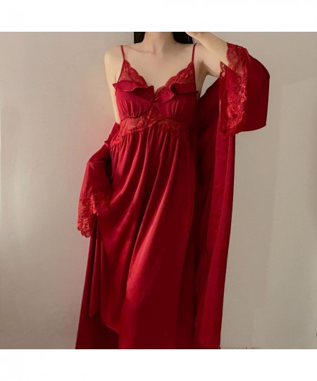 Twinset Robe Set Burgundy Sexy Lace Bathrobe Gown Suit Women Kimono Sleepwear Nightgown New Summer Casual Satin Home Dress $5...