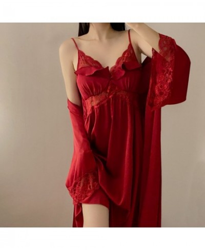 Twinset Robe Set Burgundy Sexy Lace Bathrobe Gown Suit Women Kimono Sleepwear Nightgown New Summer Casual Satin Home Dress $5...