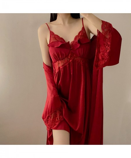 Twinset Robe Set Burgundy Sexy Lace Bathrobe Gown Suit Women Kimono Sleepwear Nightgown New Summer Casual Satin Home Dress $5...