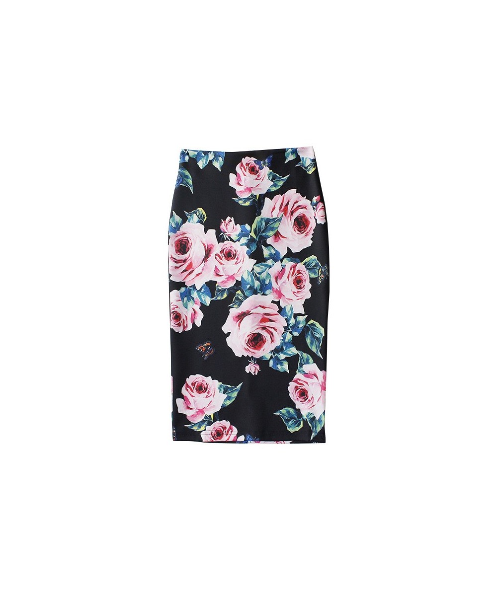 2023 Black Casual High Waist Vintage Elegant Bodycon Floral Print Midi Skirt elastic korean pencil slit office skirts womens ...