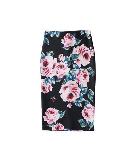 2023 Black Casual High Waist Vintage Elegant Bodycon Floral Print Midi Skirt elastic korean pencil slit office skirts womens ...