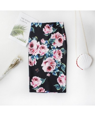 2023 Black Casual High Waist Vintage Elegant Bodycon Floral Print Midi Skirt elastic korean pencil slit office skirts womens ...