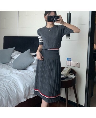 Lazy suit spring and summer tb college style A-line pleated skirt wool knitted round neck short-sleeved t-shirt skirt suit $7...