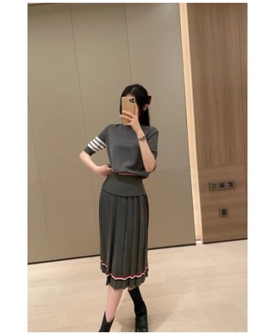 Lazy suit spring and summer tb college style A-line pleated skirt wool knitted round neck short-sleeved t-shirt skirt suit $7...