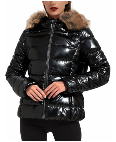 Women Quilted Lightweight Puffer Coat Warm Fur Collar Hooded Jacket Female Shiny Patent Parkas Down Coats Outerwear $105.24 -...