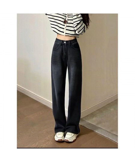 Pocket High Waist Jeans Women Large Size Wide Leg Pants Mopping Retro Washed Black Simple Design 2023 Spring American New Jea...