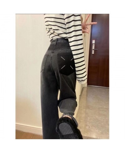 Pocket High Waist Jeans Women Large Size Wide Leg Pants Mopping Retro Washed Black Simple Design 2023 Spring American New Jea...