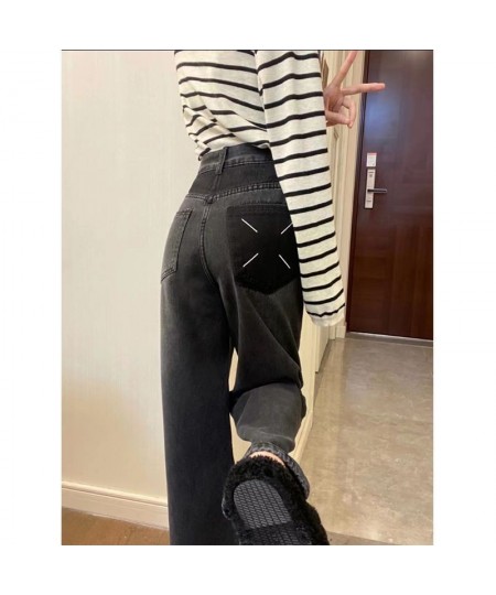 Pocket High Waist Jeans Women Large Size Wide Leg Pants Mopping Retro Washed Black Simple Design 2023 Spring American New Jea...