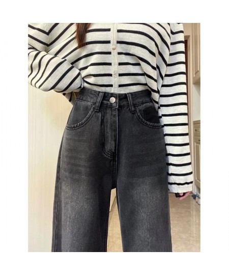 Pocket High Waist Jeans Women Large Size Wide Leg Pants Mopping Retro Washed Black Simple Design 2023 Spring American New Jea...