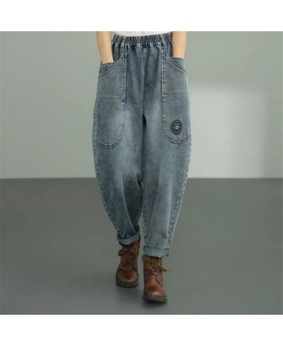 Patchwork Big Pockets Vintage Baggy Jeans Women Casual Denim Pants Leg Vaquero Elastic High Waist Capris Korean Fashion $38.4...