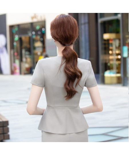 Fashion V-neck Formal Women Business Suits 2 Piece Set with Skirt and Tops Women OL Styles Blazers Office Career with Corsage...