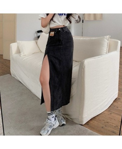 DEEPTOWN Long Denim Skirt Vintage Women Solid High Waist A-LINE Slim Korean Style Jean Slit Midi Skirt Summer Fashion Girl $4...