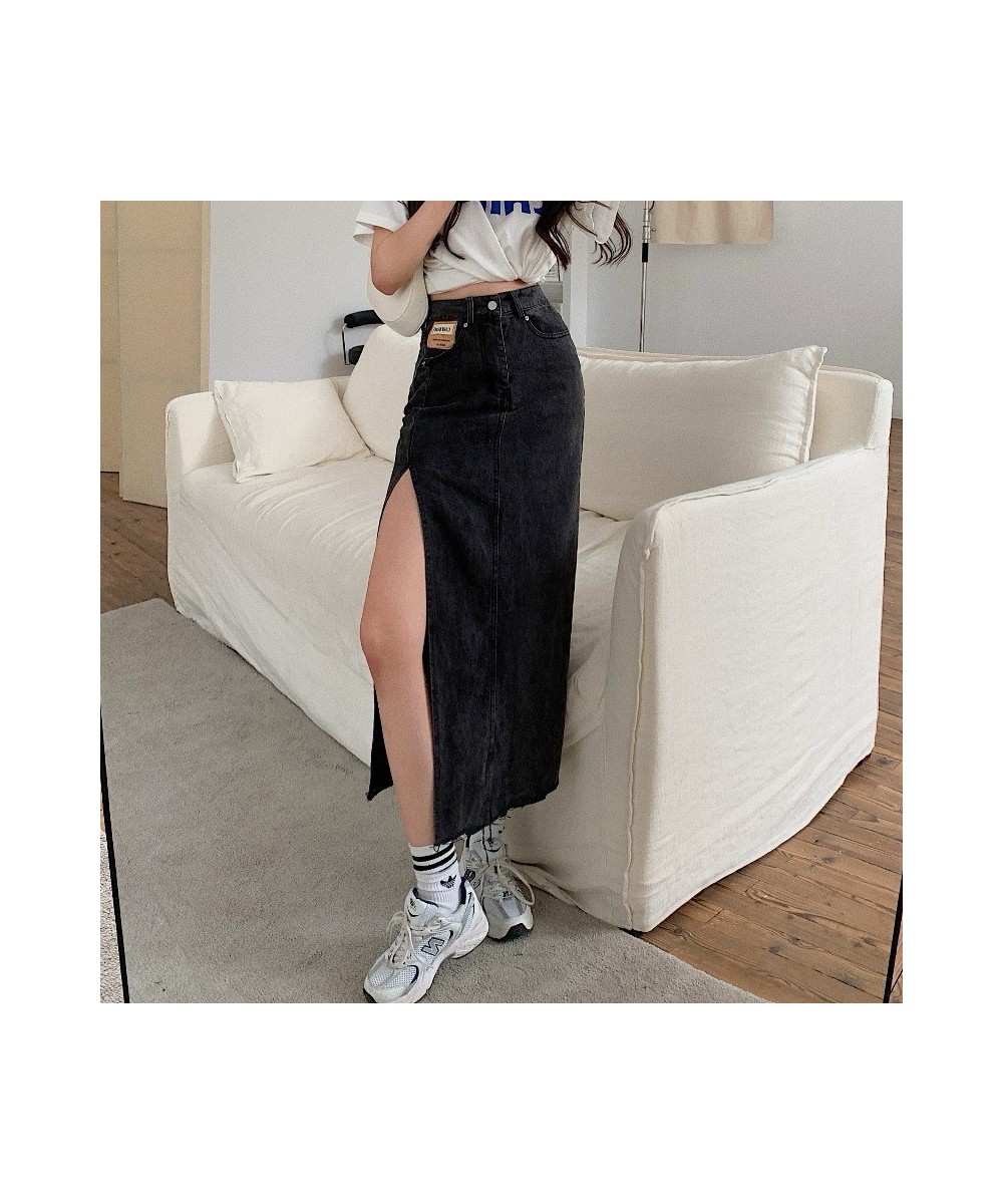 DEEPTOWN Long Denim Skirt Vintage Women Solid High Waist A-LINE Slim Korean Style Jean Slit Midi Skirt Summer Fashion Girl $4...