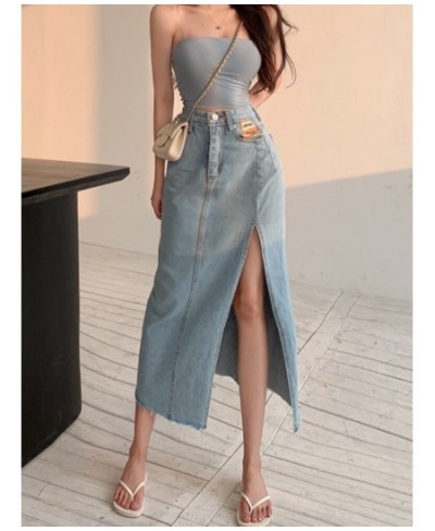 DEEPTOWN Long Denim Skirt Vintage Women Solid High Waist A-LINE Slim Korean Style Jean Slit Midi Skirt Summer Fashion Girl $4...