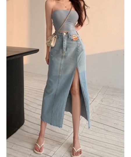 DEEPTOWN Long Denim Skirt Vintage Women Solid High Waist A-LINE Slim Korean Style Jean Slit Midi Skirt Summer Fashion Girl $4...