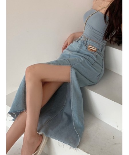 DEEPTOWN Long Denim Skirt Vintage Women Solid High Waist A-LINE Slim Korean Style Jean Slit Midi Skirt Summer Fashion Girl $4...